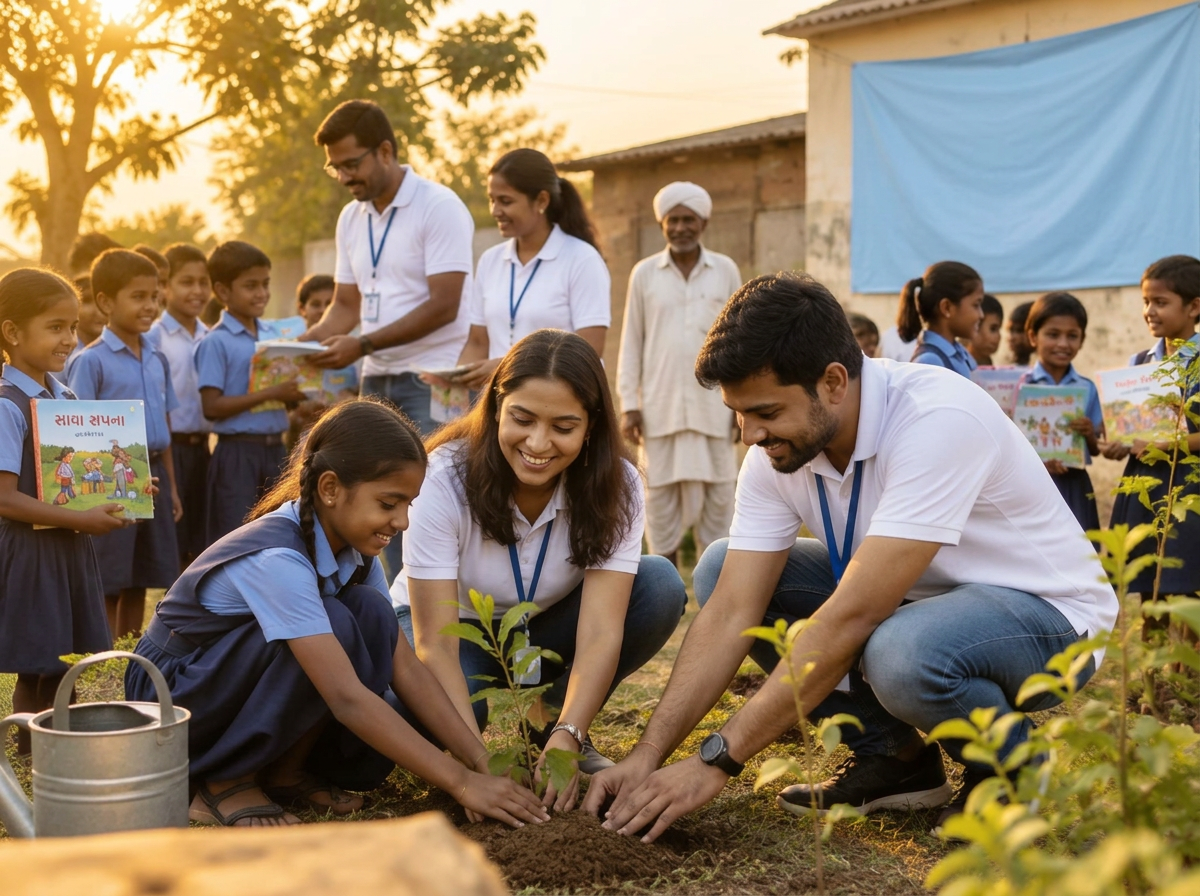 Illustrative image: volunteers planting saplings with children