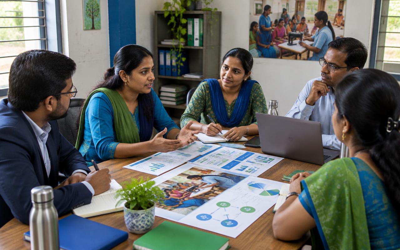 Illustrative image of an NGO team discussing a skills-training project with CSR partners
