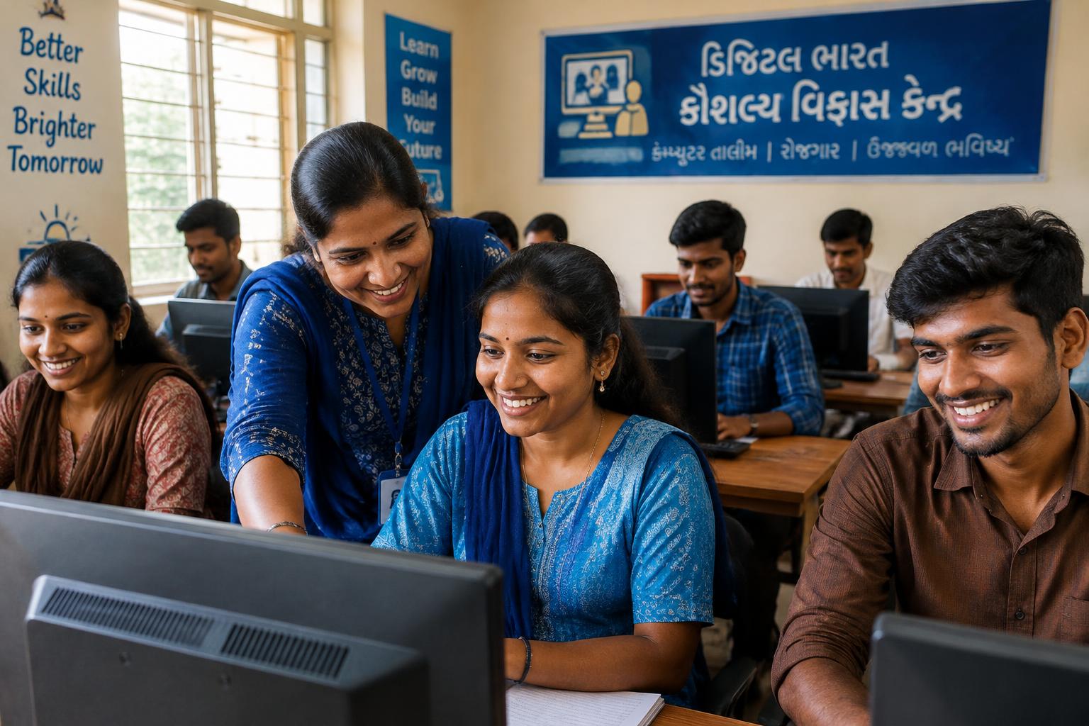 Illustrative image: trainees learning computers in a classroom